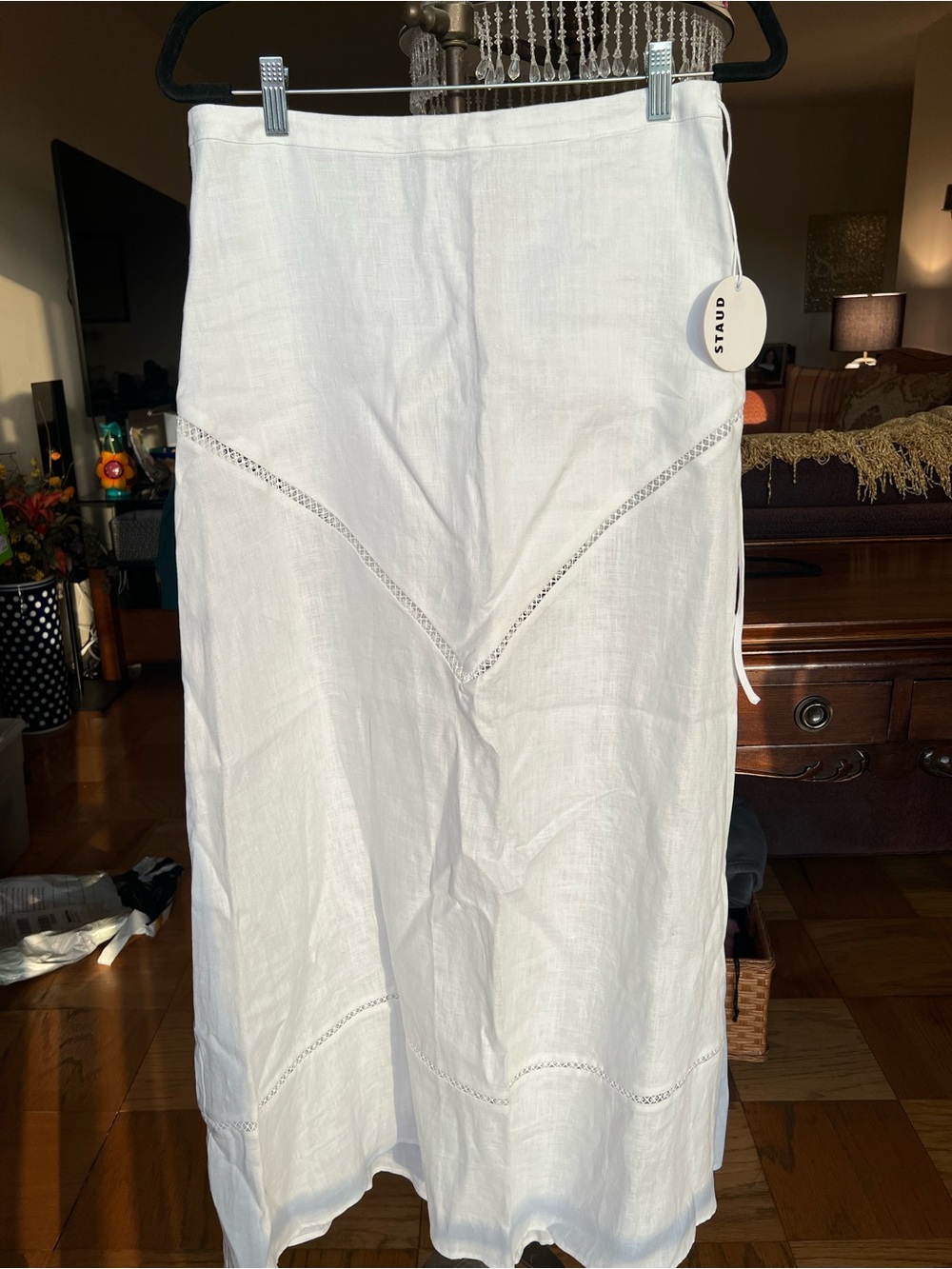STAUD White Linen Maxi Skirt with Lace Insets Adjustable waist